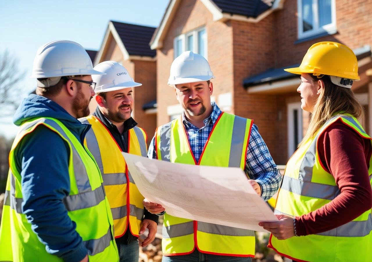 Members of a UK construction team discussing plans on-site
