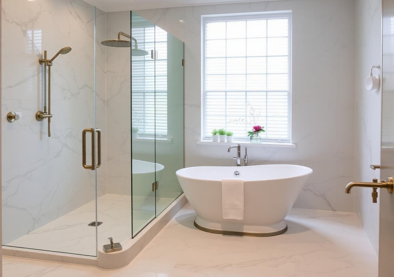 Renovated UK bathroom with walk-in shower and freestanding bath
