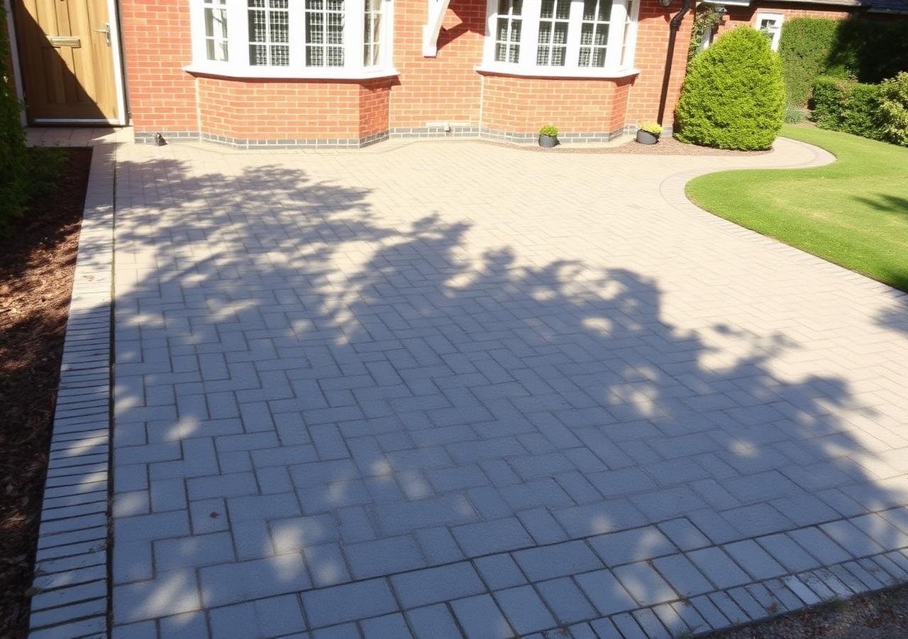 Freshly laid block paving driveway with herringbone pattern