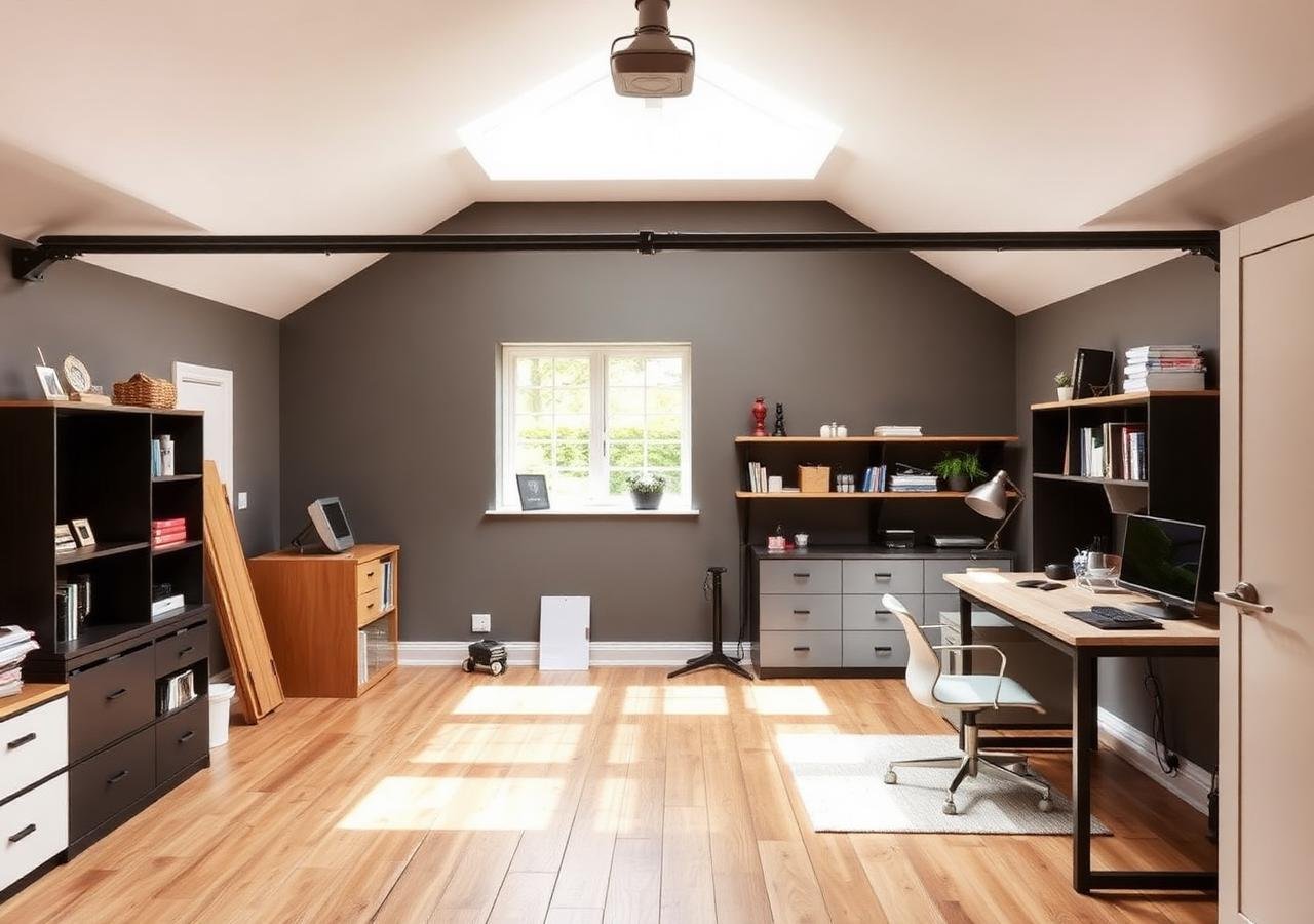 Converted garage used as a home office with wooden floor and skylight