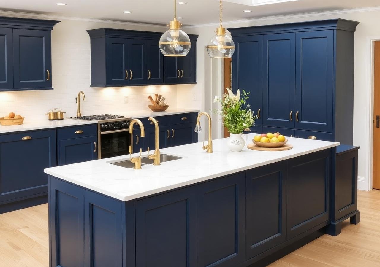 Modern navy Shaker-style kitchen with island and quartz worktop