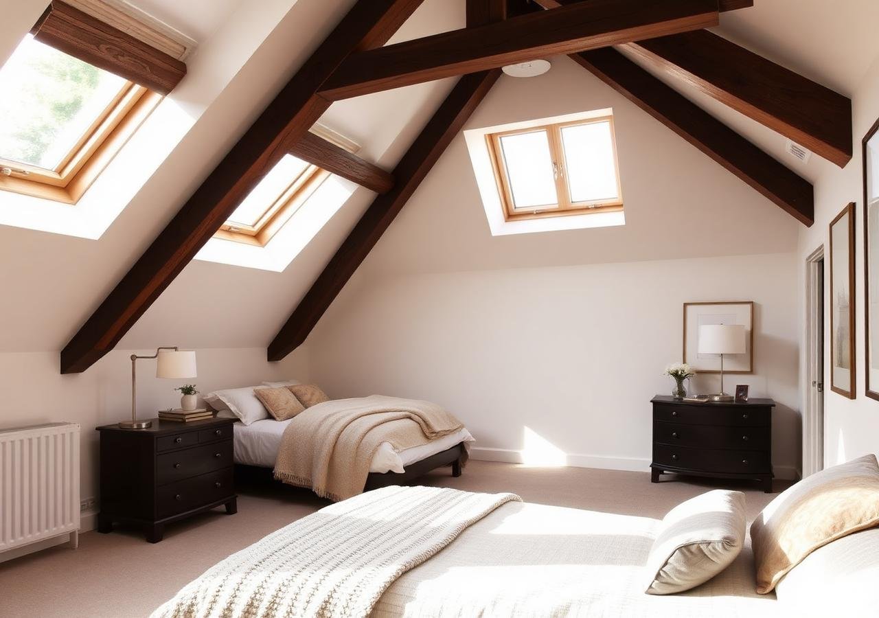 Loft bedroom conversion with dormer windows and exposed beams